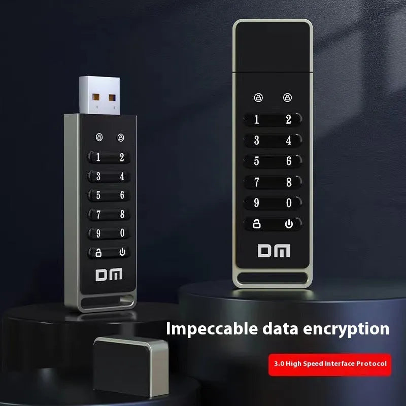 Metal encrypted USB flash drive with fingerprint sensor showing 64GB capacity and USB 3.0 connector