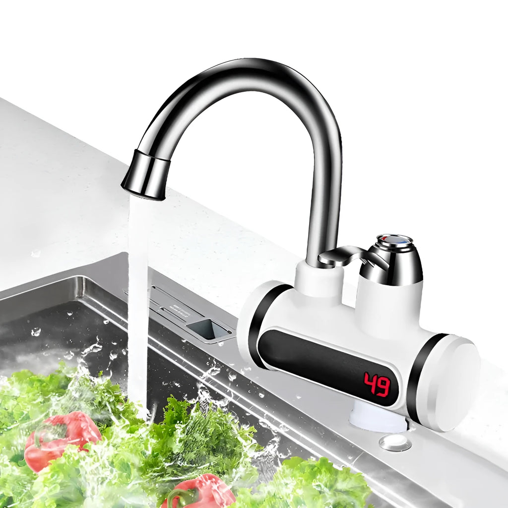 White kitchen electric instant water heater tap with digital temperature display on its front.