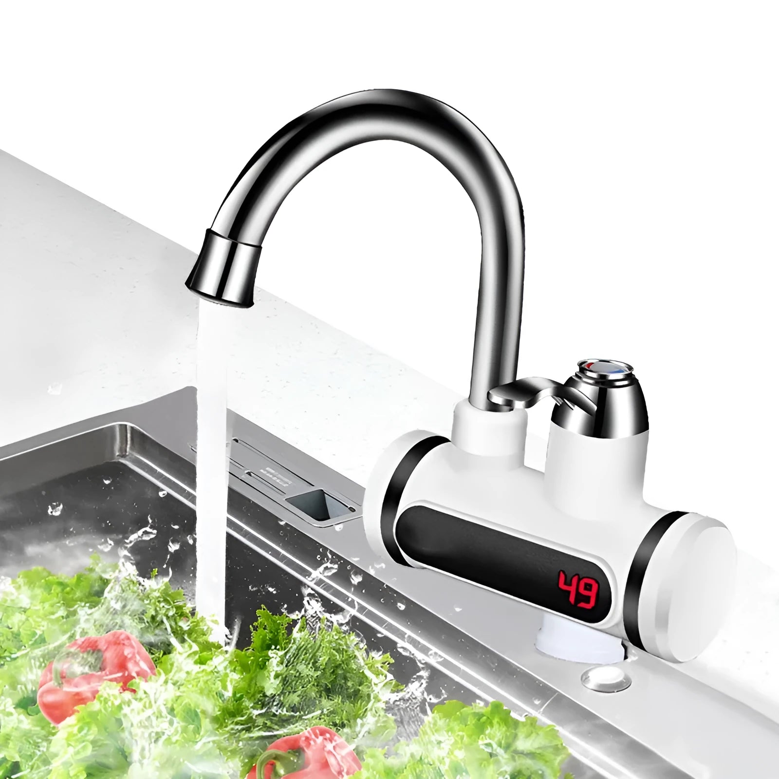 White kitchen electric instant water heater tap with digital temperature display on its front.