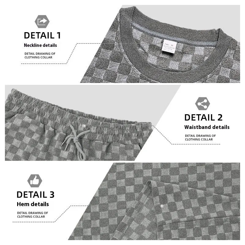 Men's loose-fitting checkerboard plaid sports shorts in micro-elastic polyester, shown in a neutral colour.