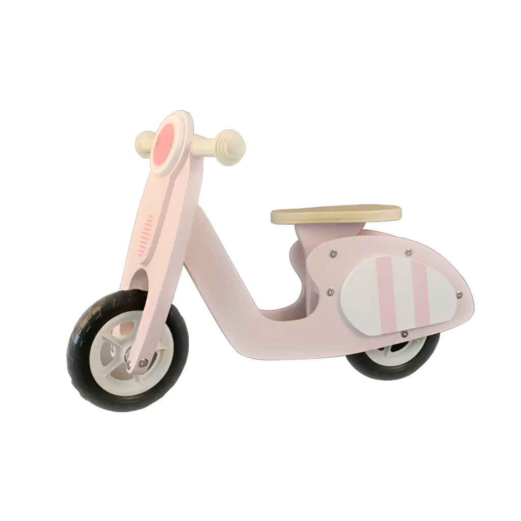 Pink wooden toddler balance scooter for children aged 1-6 years.
