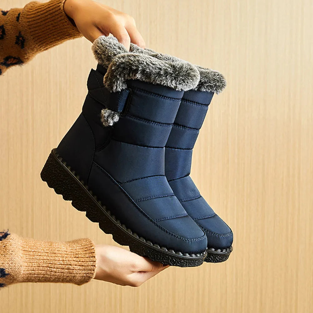 Winter snow boots waterproof Velcro platform boots with imitation rabbit fur lining, grey, side view