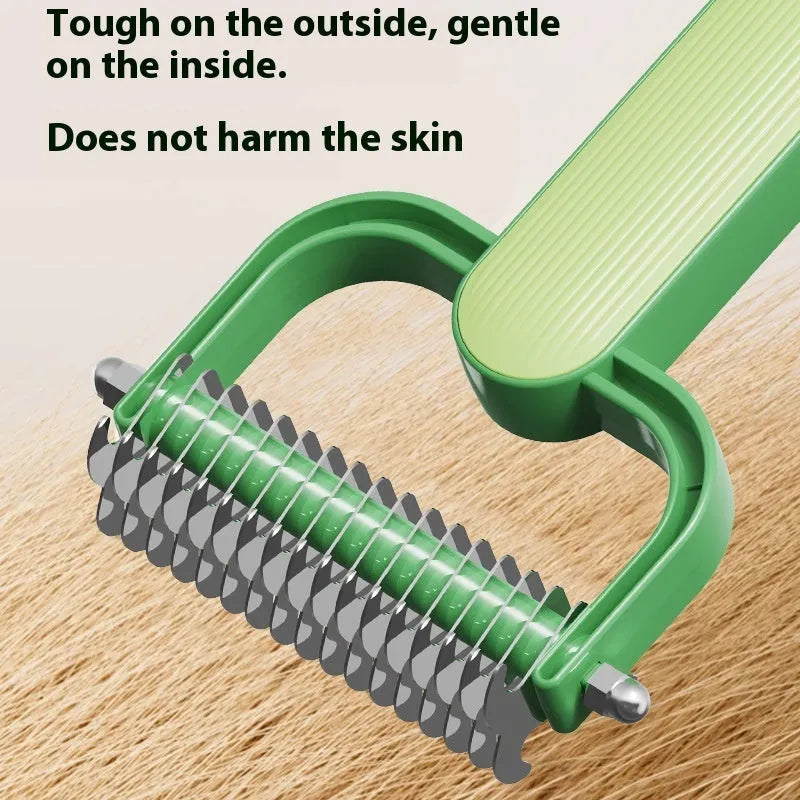 Green and grey dog detangling combs showing small and large size options with stainless steel pins on a PP handle.