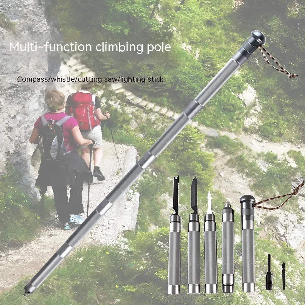 Silver folding aluminium alloy trekking pole 95cm fully extended on outdoor trail ground