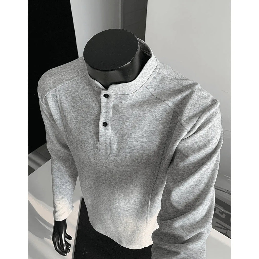 Men's loose-fitting patchwork stand-up collar long sleeve polo shirt in heather gray.