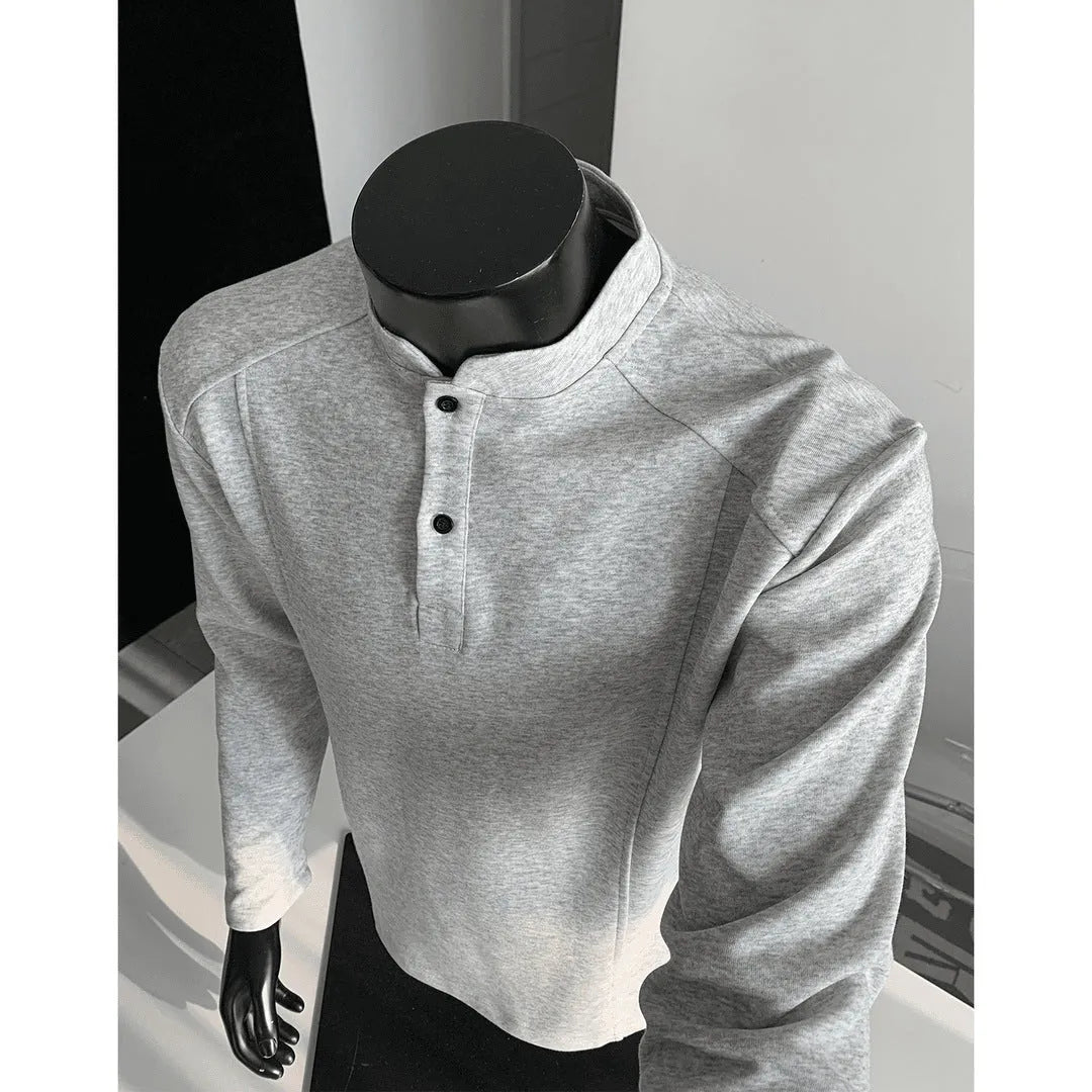 Men's loose-fitting patchwork stand-up collar long sleeve polo shirt in heather gray.