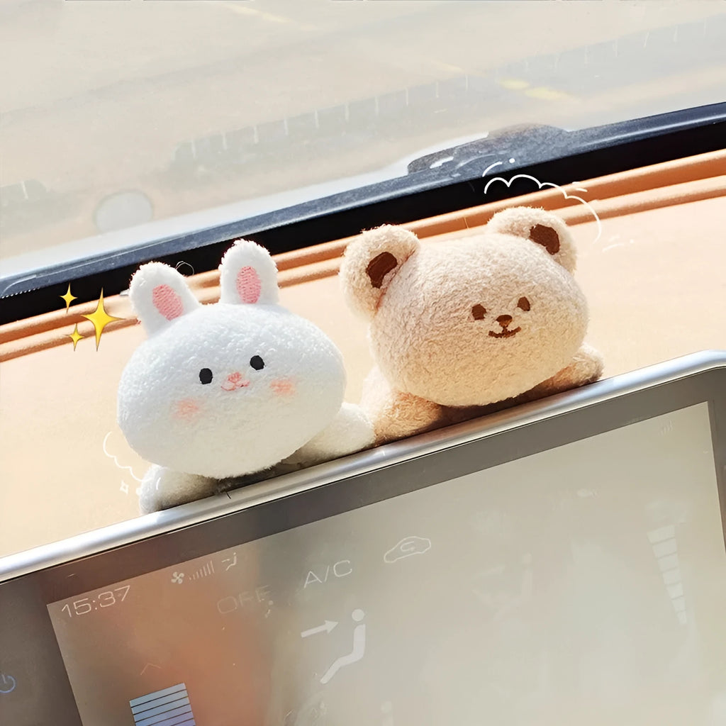 Soft fabric plush doll car decoration for dashboard or centre console in cartoon bear and bunny designs.