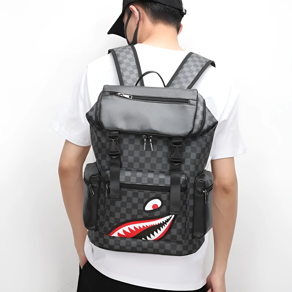 Korean casual checkered printed black backpack with curved shoulder straps and PU leather construction