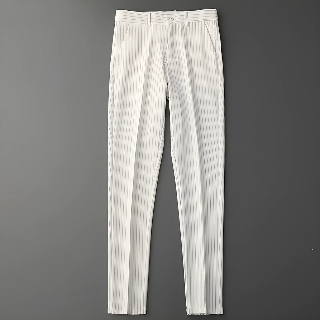Man wearing thin striped loose-fit casual trousers in a drape style, shown in black and white colour options.
