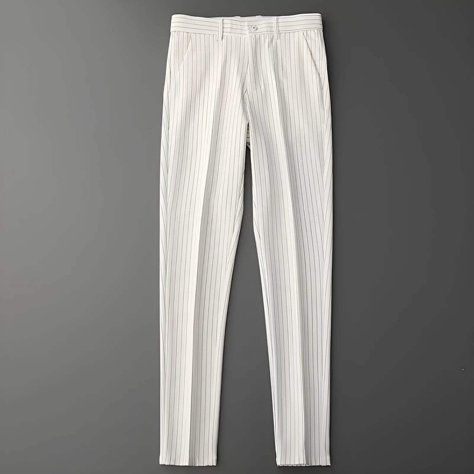Man wearing thin striped loose-fit casual trousers in a drape style, shown in black and white colour options.