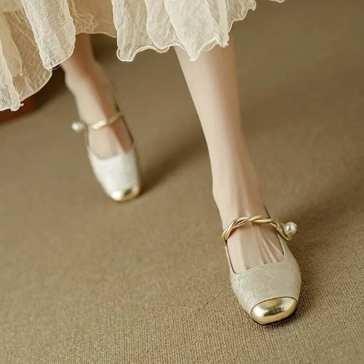 Women's retro low-top sequin platform shoes in beige with Velcro closure