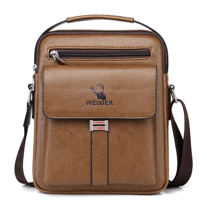 Men's PU leather crossbody bag waterproof wear-resistant available in litchi pattern black or plain dark brown