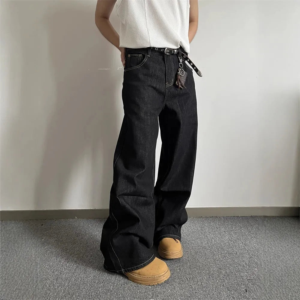 Black loose wide-leg retro jeans with a straight-leg cut and zip fly.