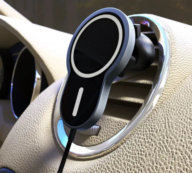 Black magnetic car wireless charging bracket compatible with iPhone and other smartphones on dashboard