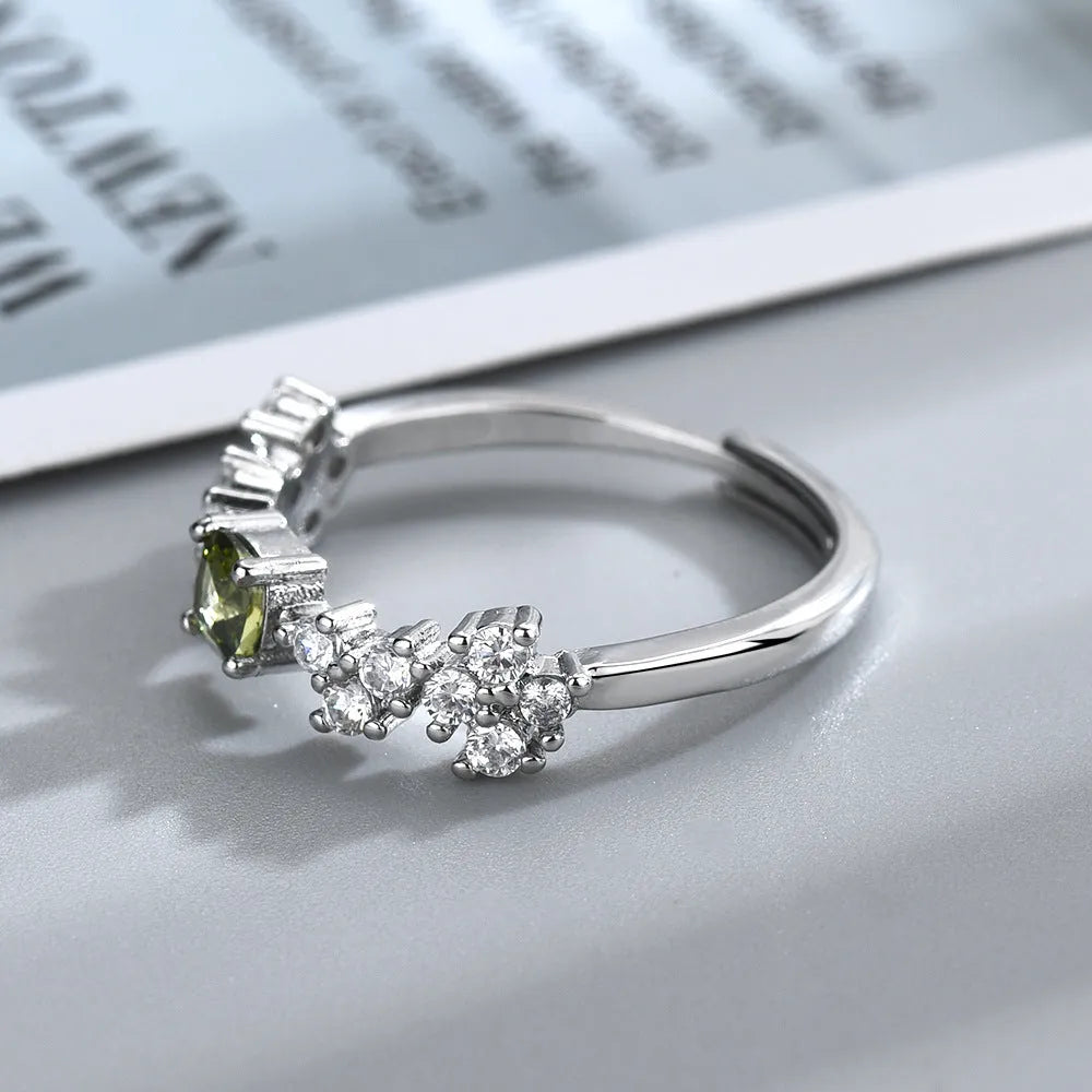 Olive green zircon ring for women, crown shape, adjustable open mouth, copper electroplated white gold tone