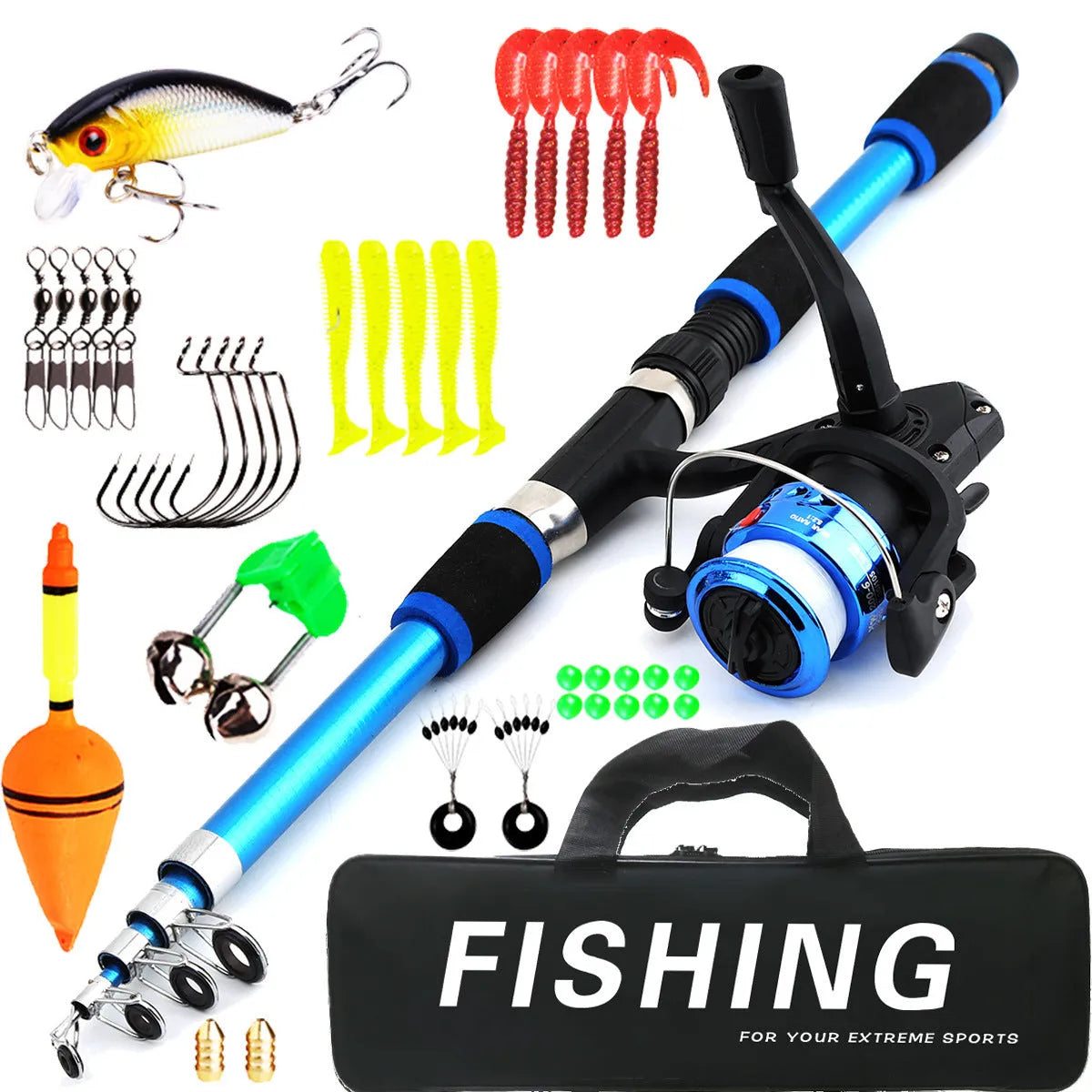 Children's beginner fishing rod kit with a blue pole and matching reel on a green background.
