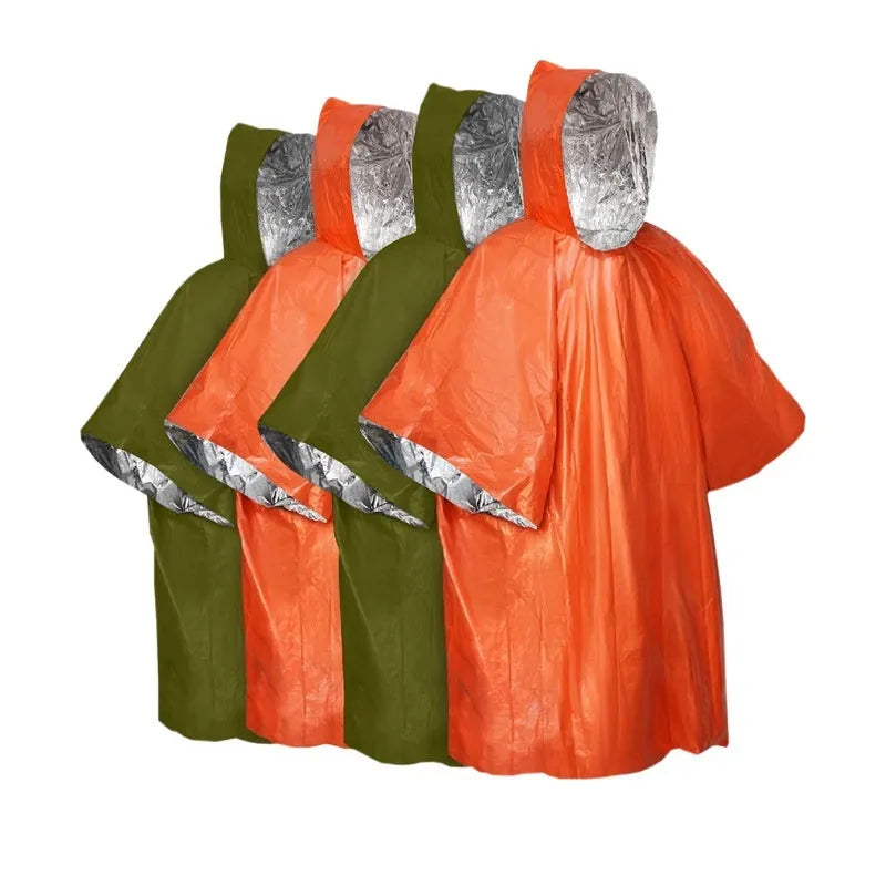 Marathon Wild Cross-country Raincoat in orange or army green, shown flat with dimensions 100x130cm.