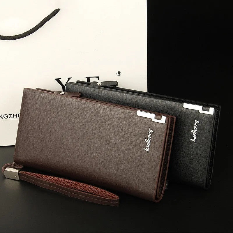 Men's black PU leather wallet with a silver zipper, shown open to reveal multiple card slots and compartments.