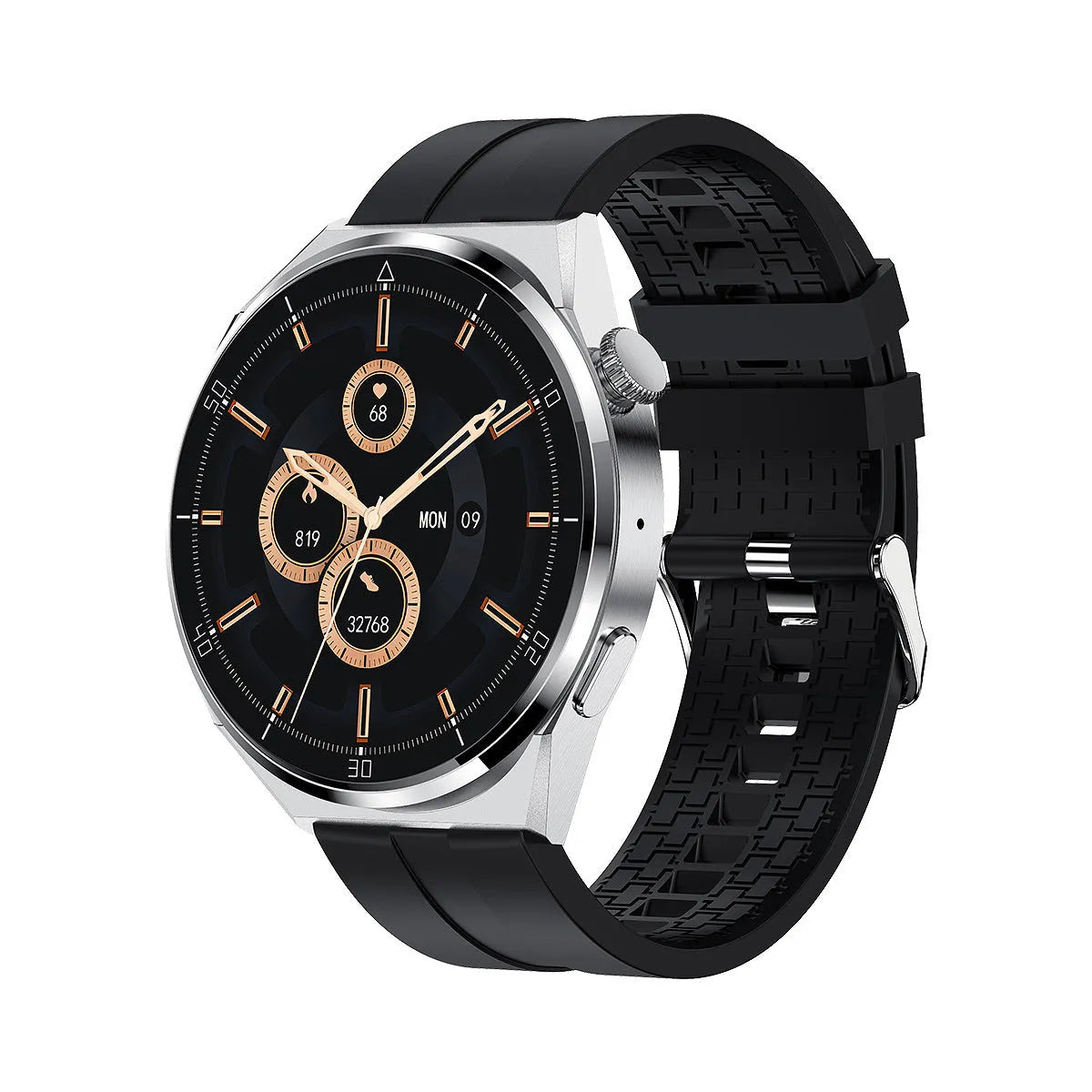 Adult smart watch in black with TFT screen showing heart rate and step count on wrist