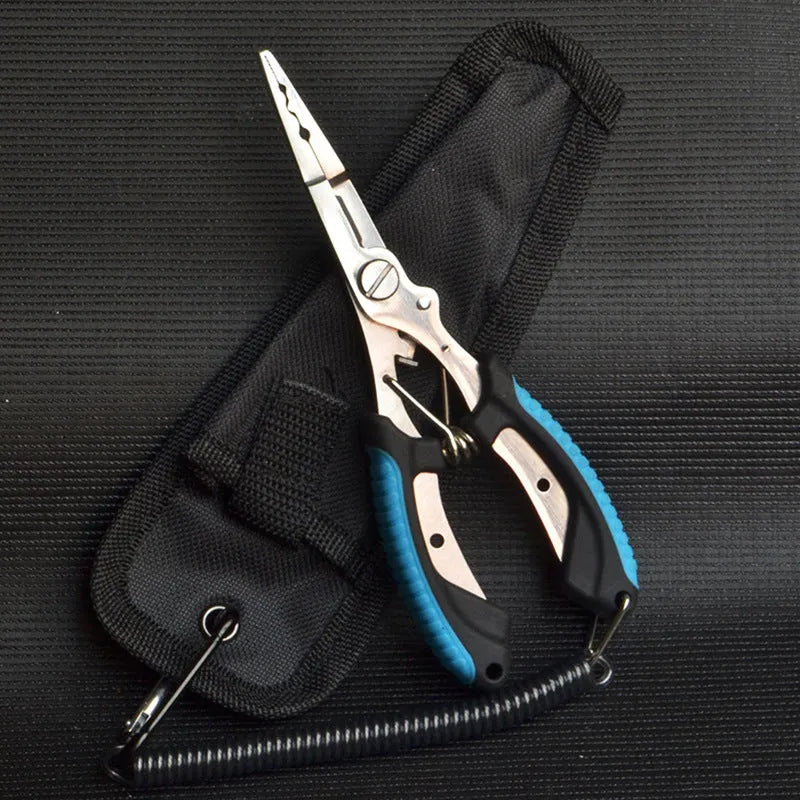 Medium-sized steel fishing pliers with coloured plastic handles and a nylon storage bag with strap.