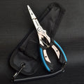 Medium-sized steel fishing pliers with coloured plastic handles and a nylon storage bag with strap.
