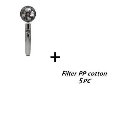 Blue handheld shower head with stop button and turbo nozzle on a chrome bracket.