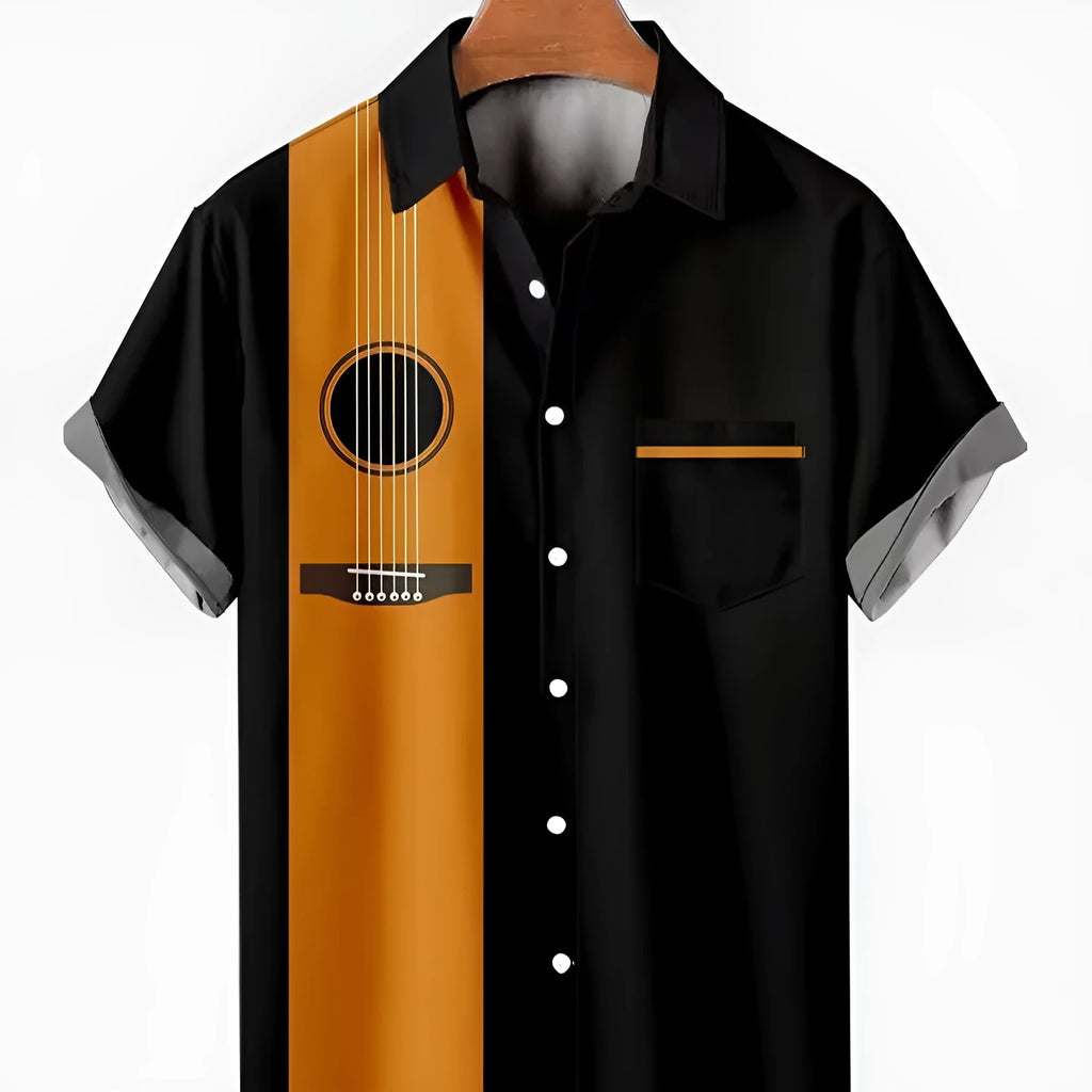 Men's loose casual polyester music bowling shirt in picture colour, front view