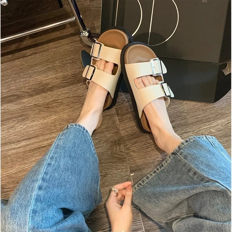 Women's casual summer slippers with belt buckle, microfiber upper, round toe, available in multiple colours and sizes 35-40