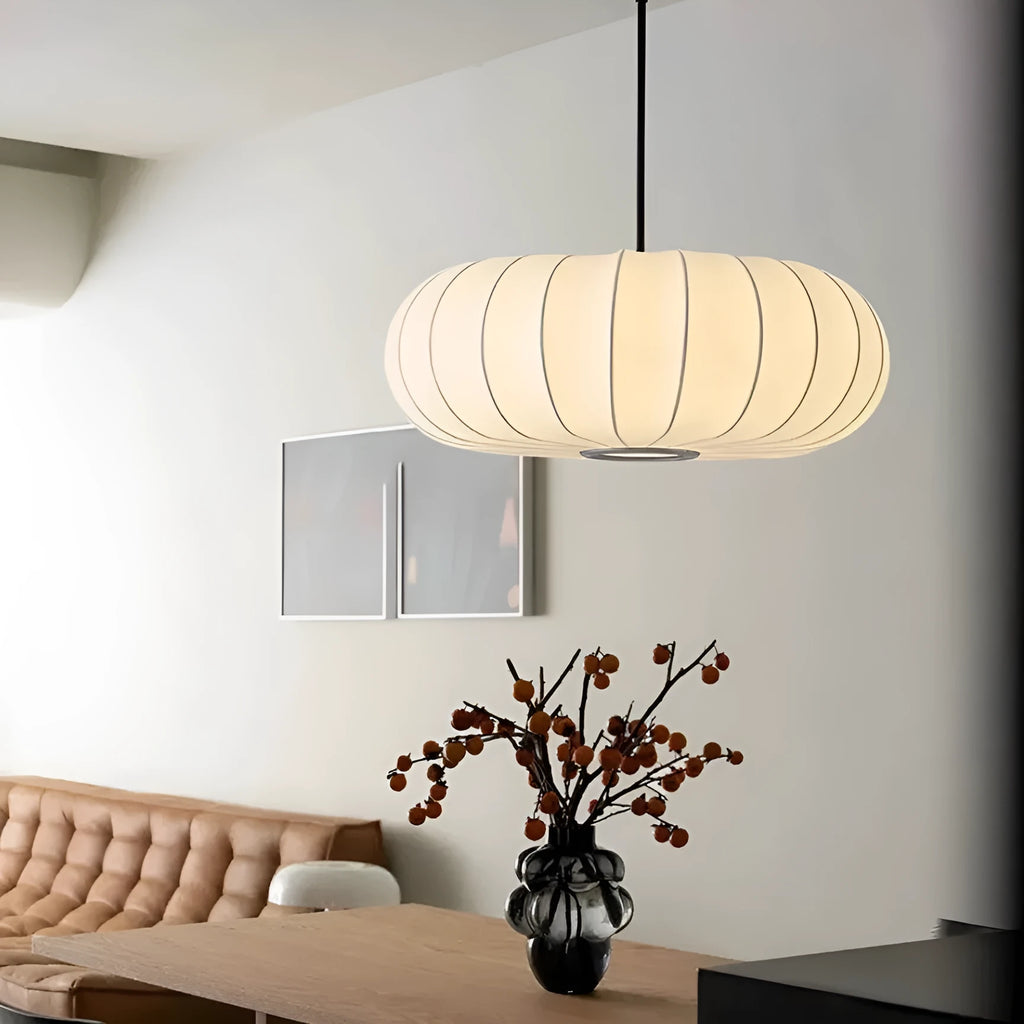 Silk pumpkin chandelier with warm light or tri-colour dimming, available in 30cm, 40cm, and 50cm diameters