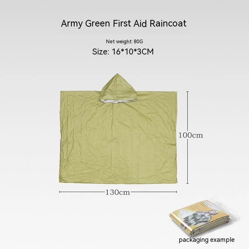 Orange portable disaster relief tent kit with sleeping bag and raincoat laid out