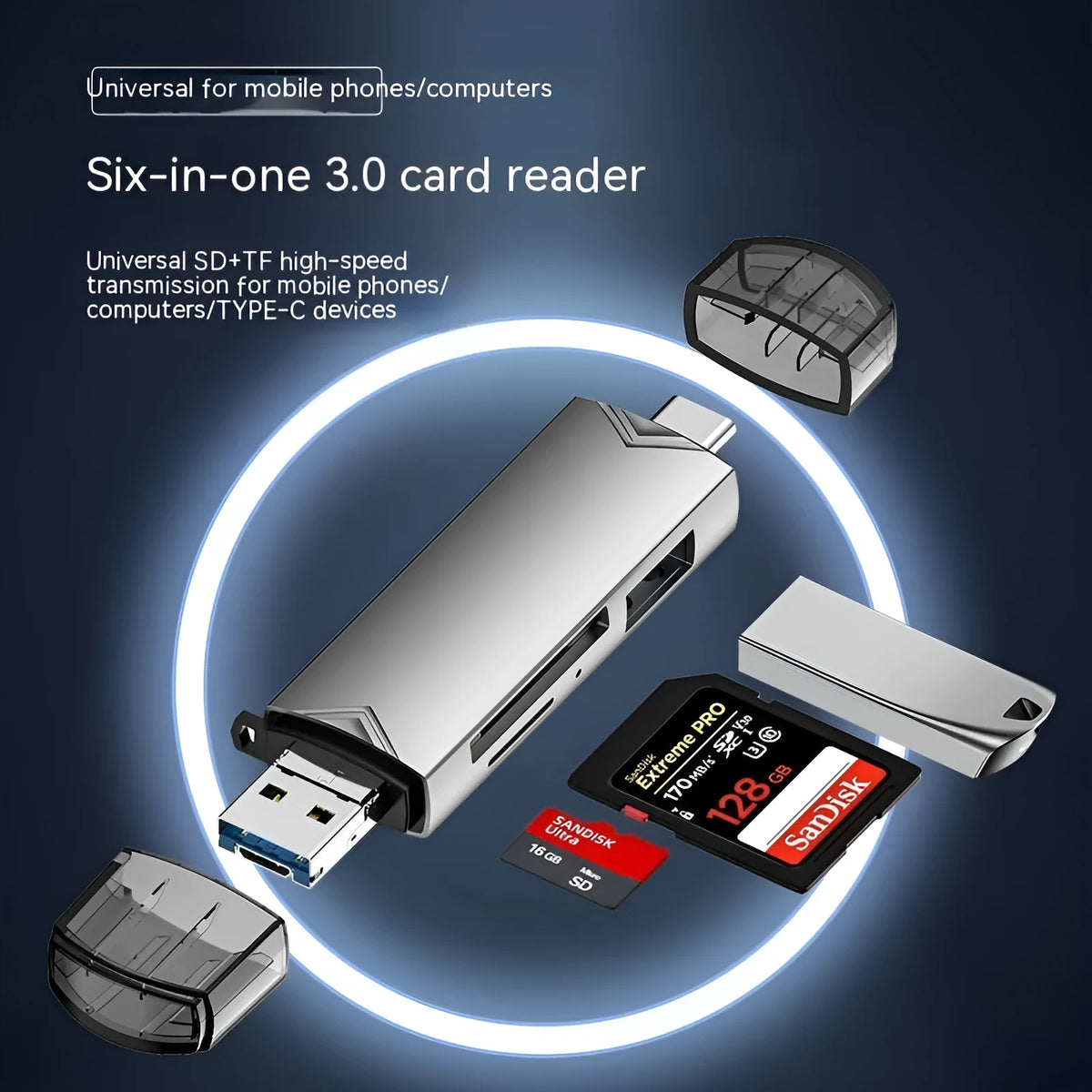 Grey aluminium alloy USB 3.0 multi-functional card reader with SD and TF slots