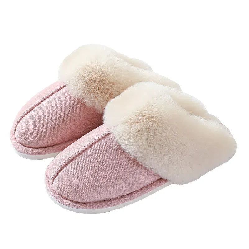 Large cotton slippers for women with cowhide upper, sheared sheepskin lining, non-slip outsole, closed toe, beige colour