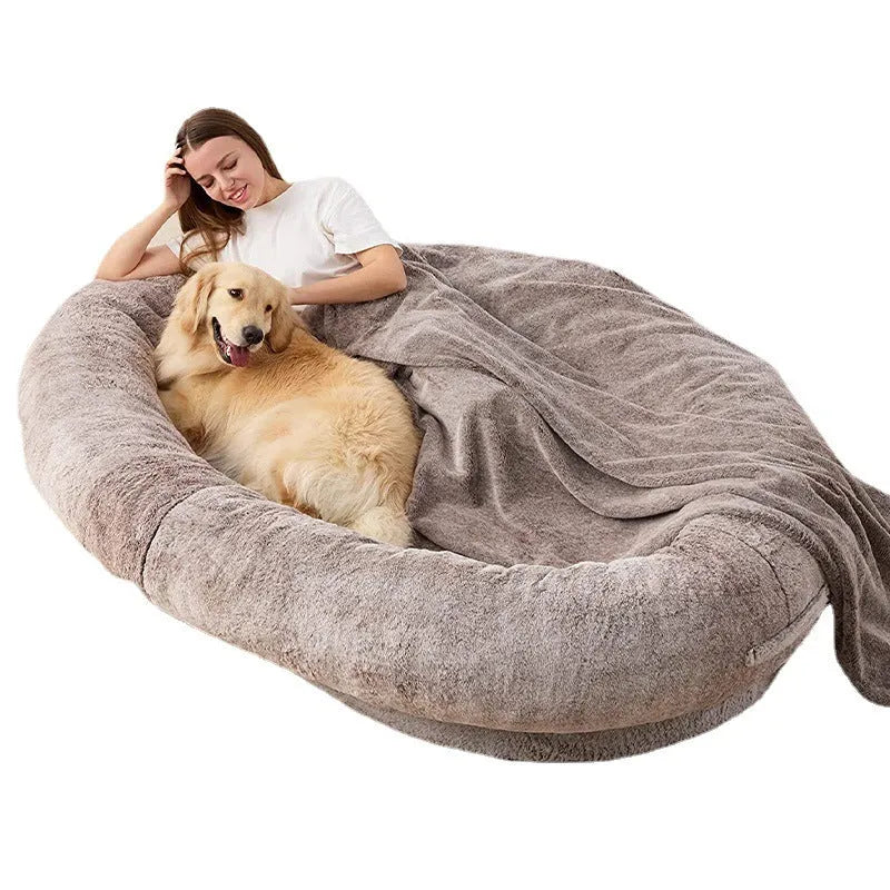 Large short plush dog bed in khaki cloth material, 185x120x30CM size for dogs and humans