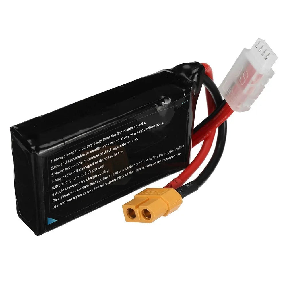 A 7.4V 1200mAh lithium battery for RC models measuring 15mm by 36mm by 70mm.