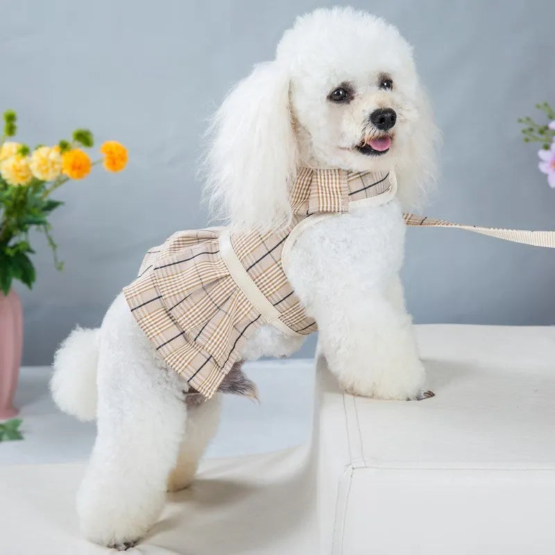Adjustable dog vest harness with integrated hand holding rope in beige or purple skirt colours