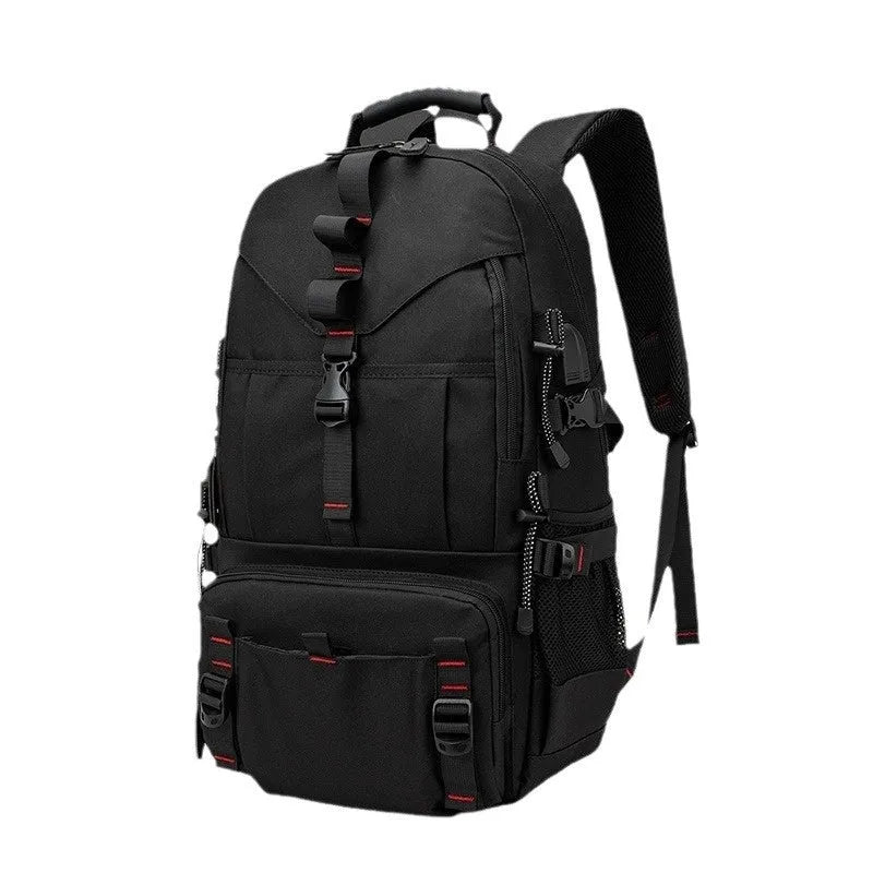 Men's black waterproof Oxford cloth hiking backpack showing front compartments and adjustable air pillow belt straps.