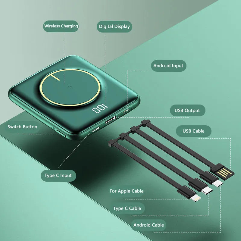 Compact square 20000mAh power bank with LCD screen in black, green, or red colour.