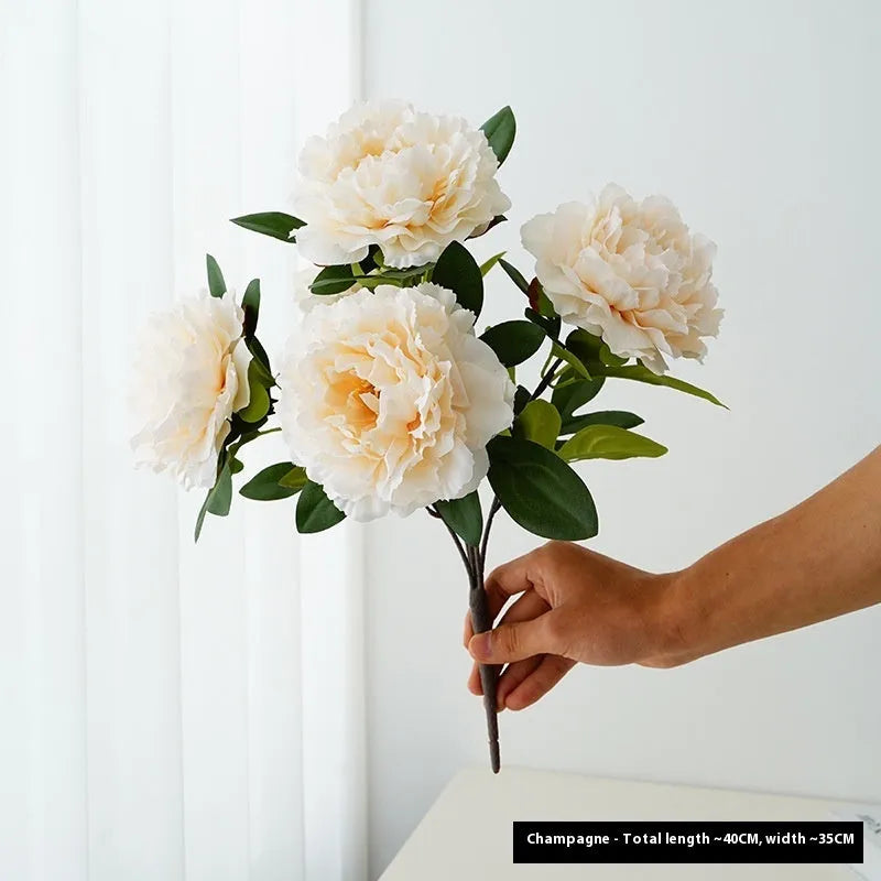 Artificial peony 5-head bouquet in light champagne, 40cm tall silk flower arrangement
