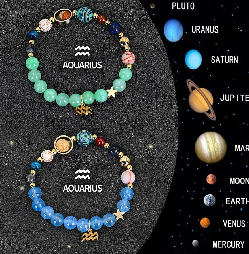Set of two natural stone beaded bracelets showing twelve different zodiac sign designs.