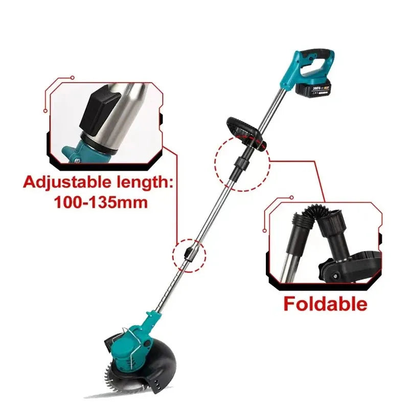 Folding lithium electric lawn mower with telescopic handle, circular blade, and wheels on grass