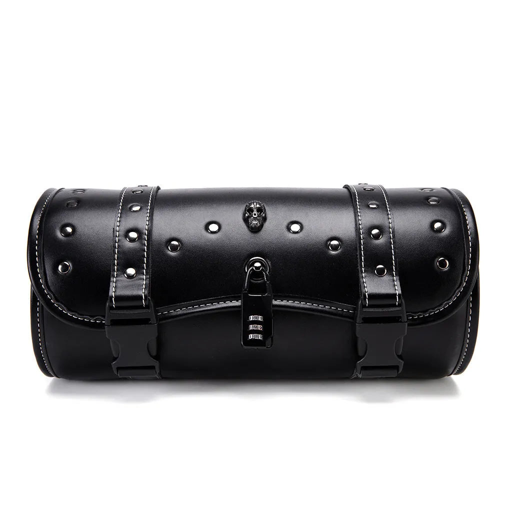 Black PU motorcycle pannier saddlebag mounted on the side of a retro-style bike.