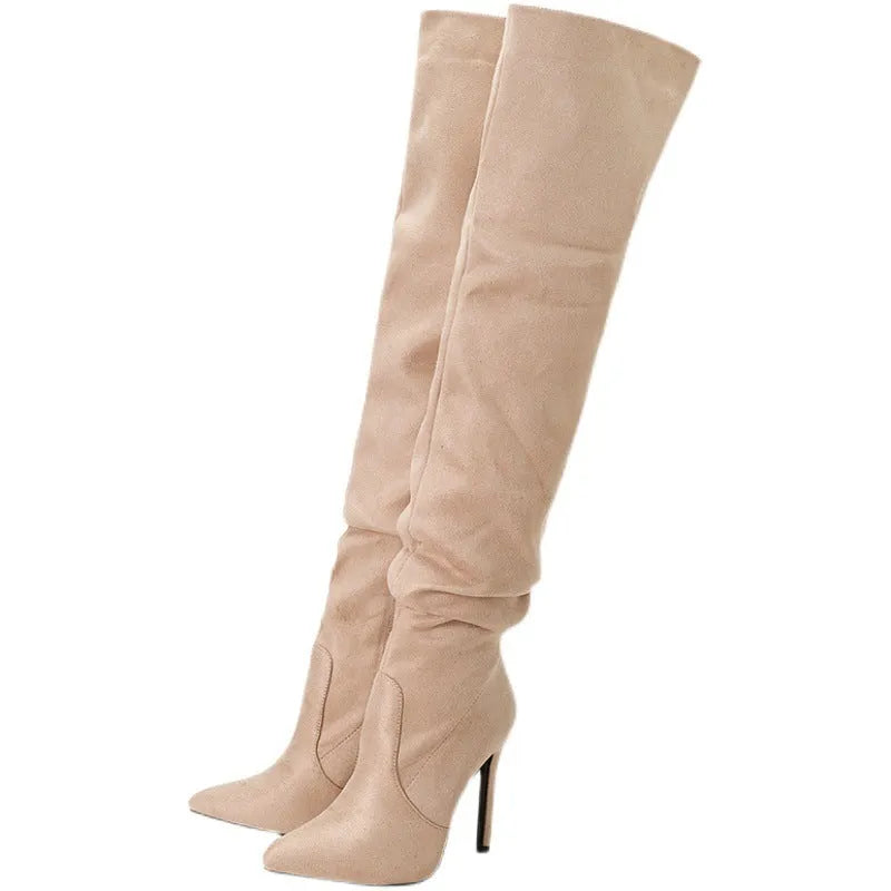 Women's pointed toe suede stiletto heel boots with side zipper, available in black, sizes 35-42