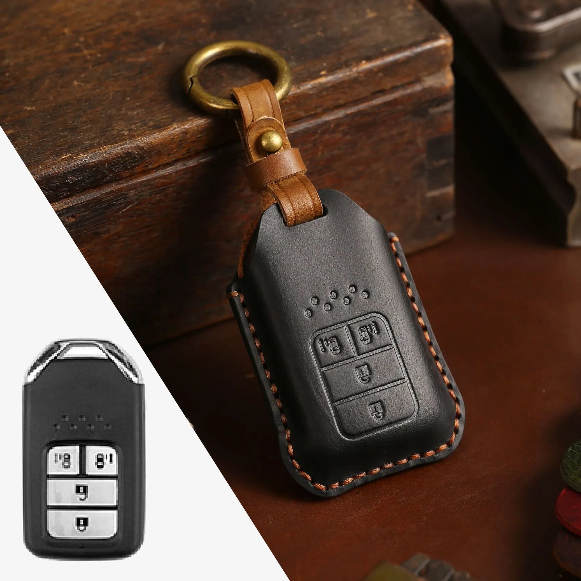 Full leather cowhide car key case for remote key fob protection, available in multiple colours and button layouts