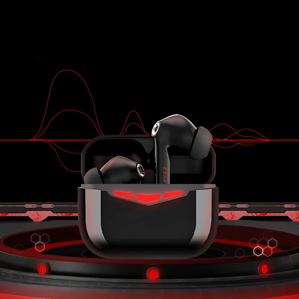 True wireless in-ear gaming headset with charging case, shown in black, pink, white, and grey colour options.