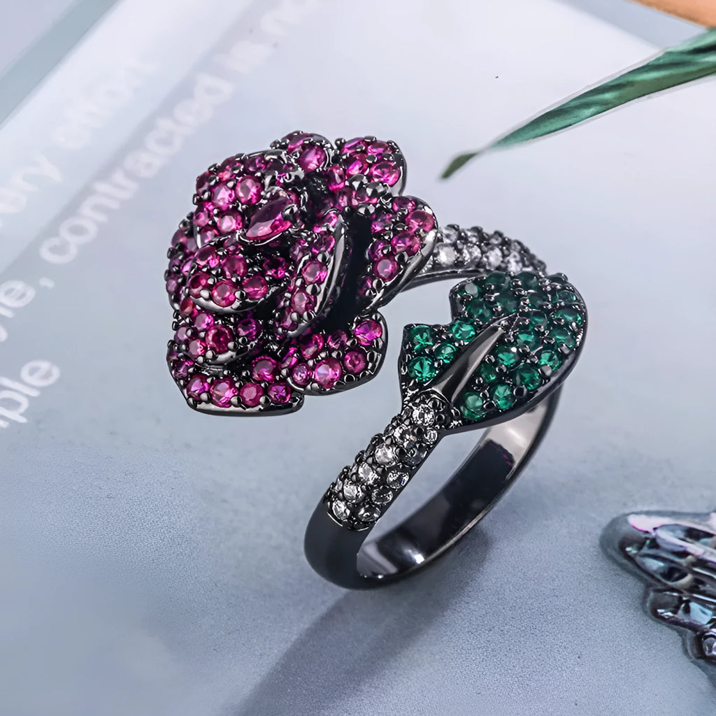 Geometric flower personality ring with gold-plated copper construction and red corundum centrepiece