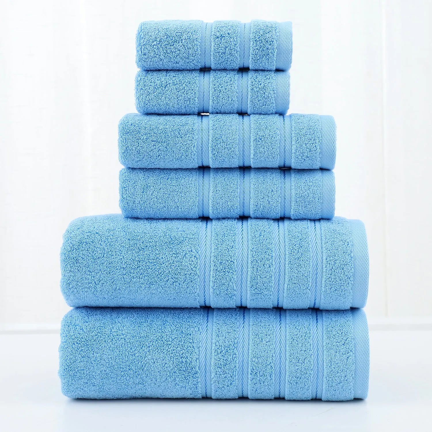 Cotton towel six-piece set in combed cotton twill weave, available in multiple colours including avocado green and black