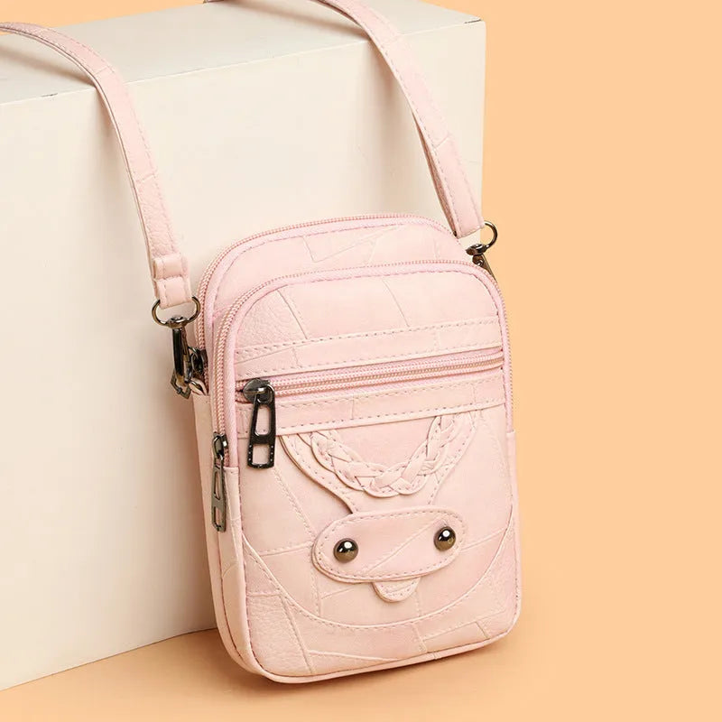 Soft PU leather retro mobile phone bag with square vertical design and weaving rivet details