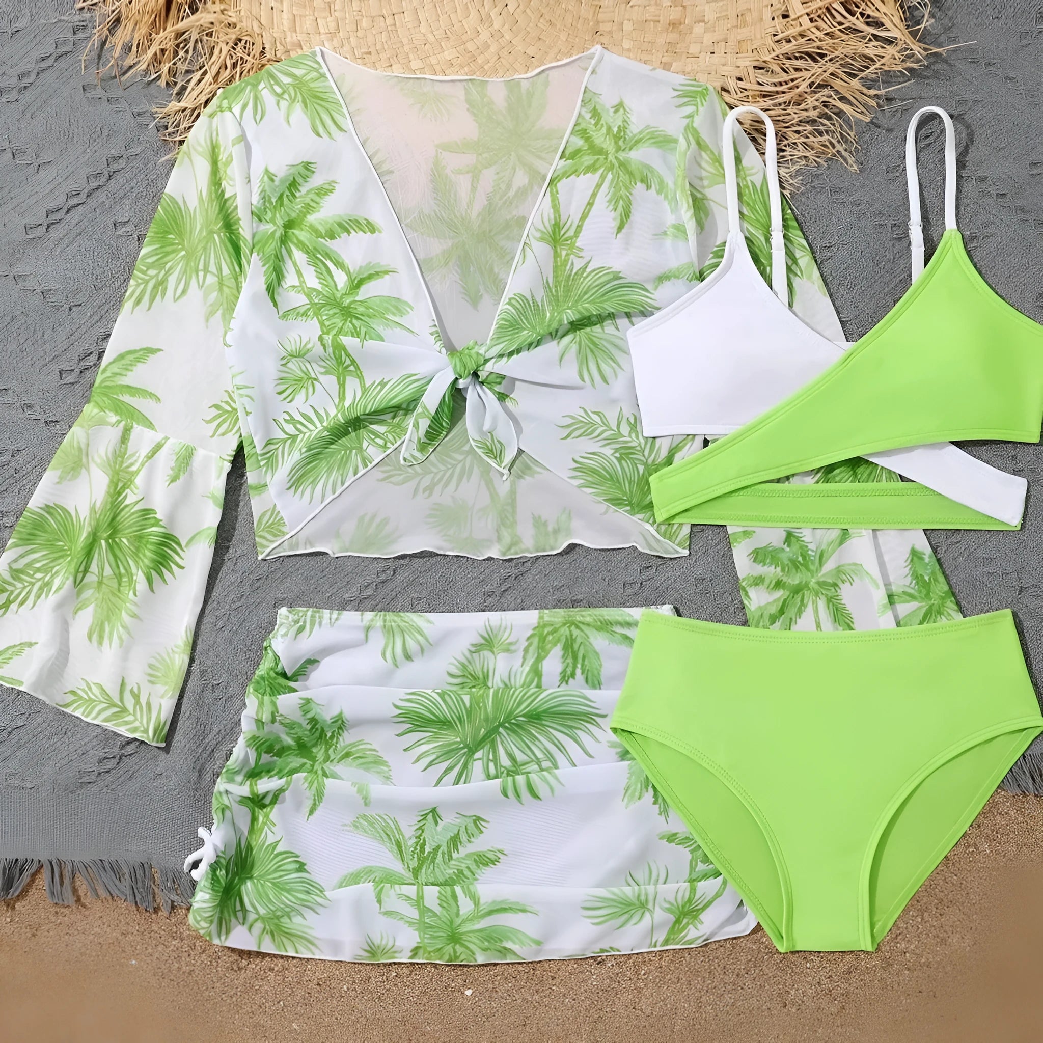 Children's 4-piece high waist split bikini swimsuit in striped and floral patterns, polyester quick-drying fabric, sizes 130-160