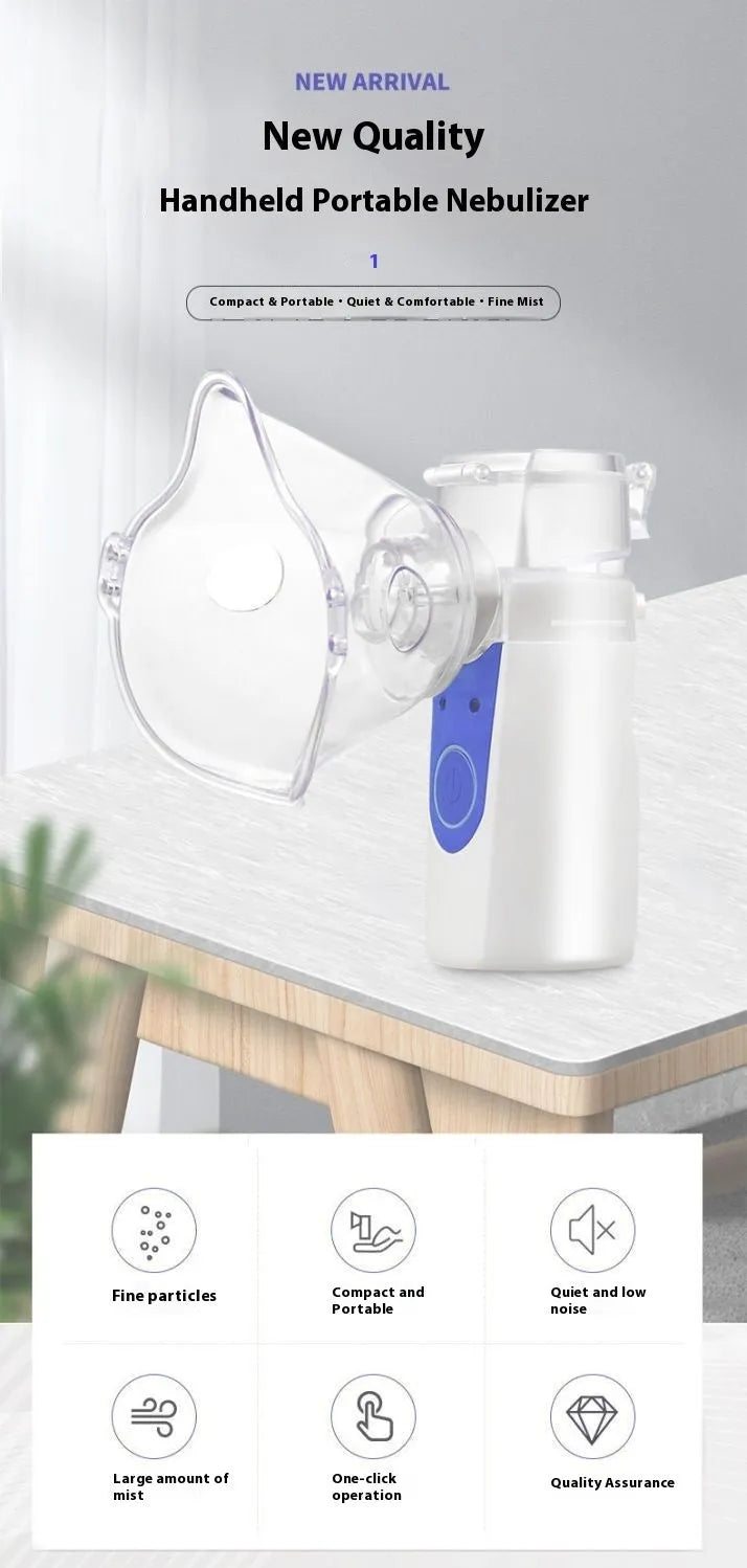 Handheld column-shaped USB nebuliser spray machine with water tank for household and children's use.