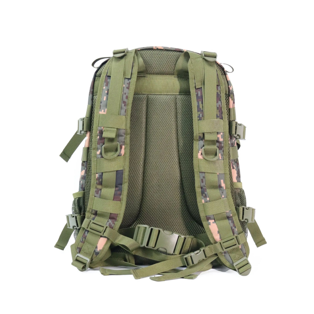 Camouflage pattern waterproof outdoor rucksack with air pillow belt system showing 30x15x46cm dimensions